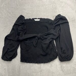 LUSH‎ Black Smocked Square Neck Puff Sleeve Tie Front Crop Top Womens Size S